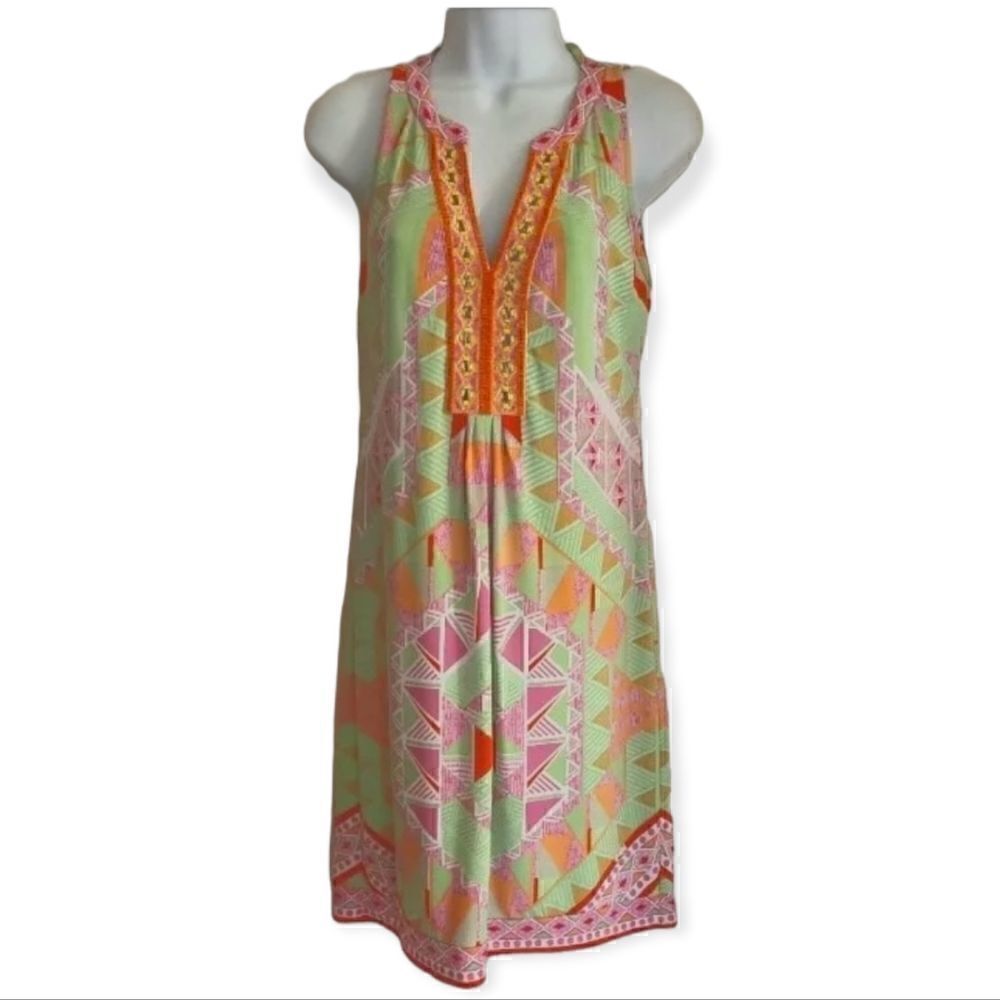NWOT Hale Bob Geo Print Sleeveless Beaded Jersey Summer Shift Dress XS MSRP $216